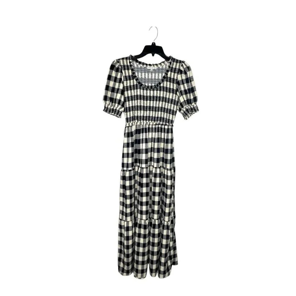 MOON RIVER Puff Sleeve Gingham Midi Dress Sz S Navy Blue Cream Cottagecore